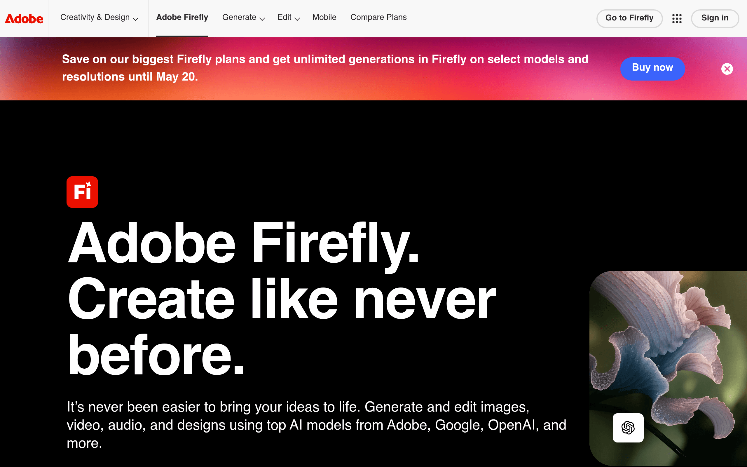 Adobe Firefly homepage screenshot
