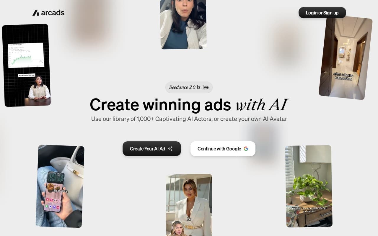 Arcads homepage screenshot