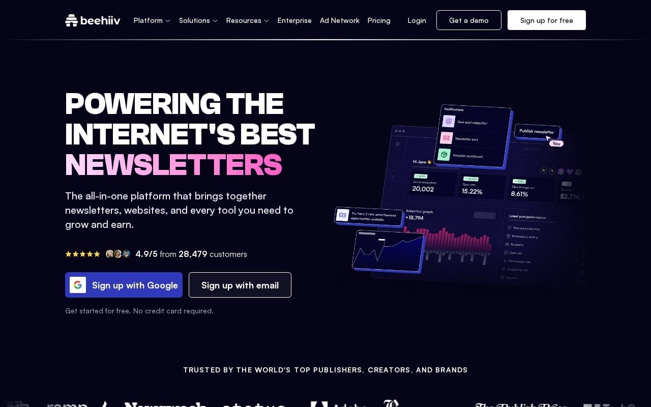 beehiiv homepage screenshot