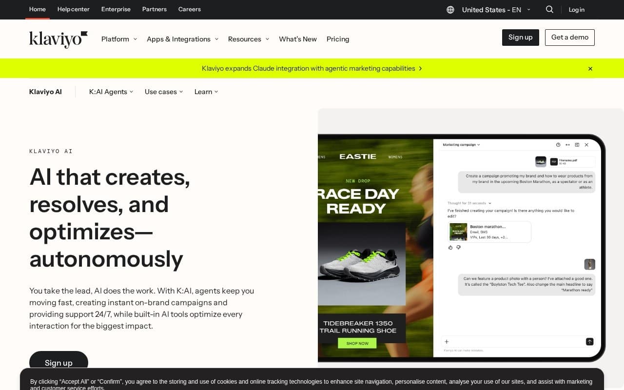 Klaviyo AI homepage screenshot