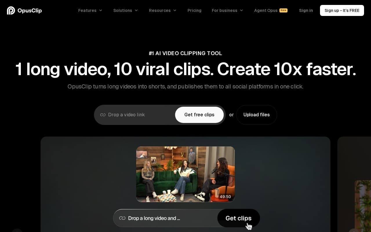 Opus Clip homepage screenshot