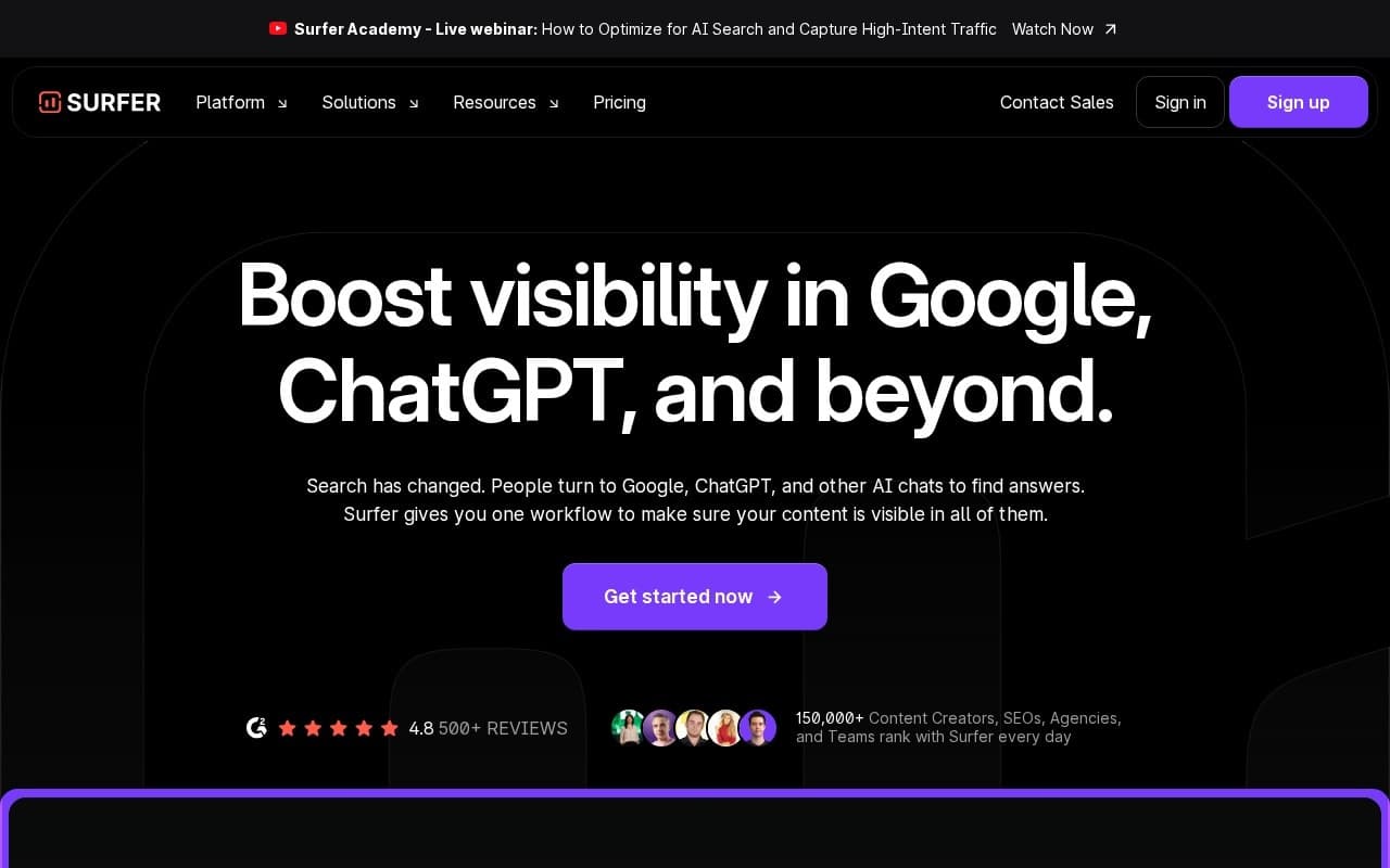 Surfer SEO homepage screenshot